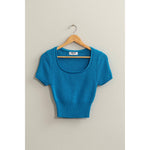 SCOOP NECK SHORT SLEEVE KNIT TOP: BLUE / L