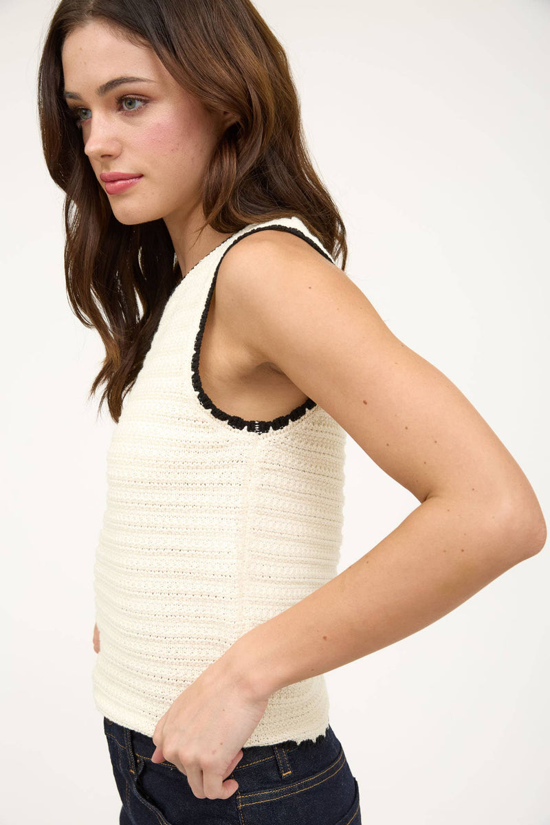 The Workshop Studio - CONTRAST TRIM CROCHET KNIT SLEEVELESS SWEATER TOP: IVORY