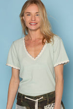 Pol Clothing - Colored trim v-neck short sleeve solid basic knit top: PALE SAGE / S