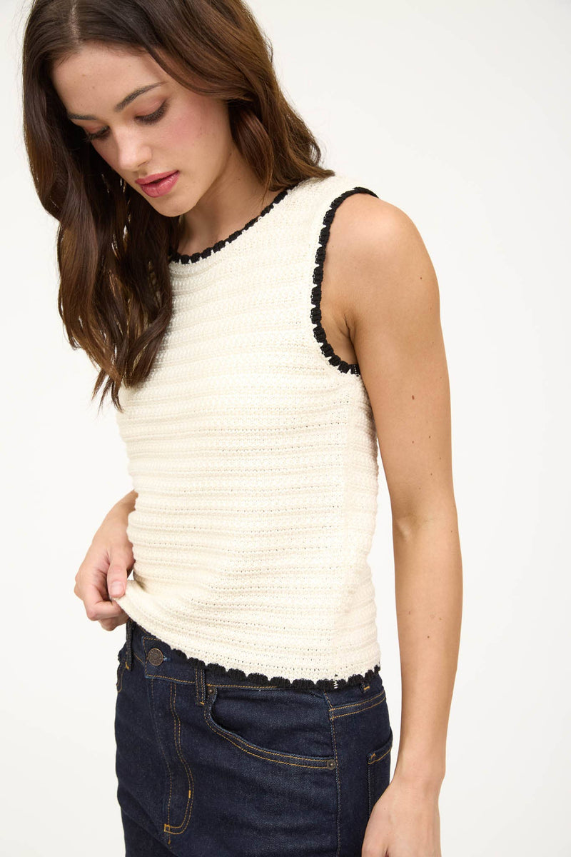 The Workshop Studio - CONTRAST TRIM CROCHET KNIT SLEEVELESS SWEATER TOP: IVORY