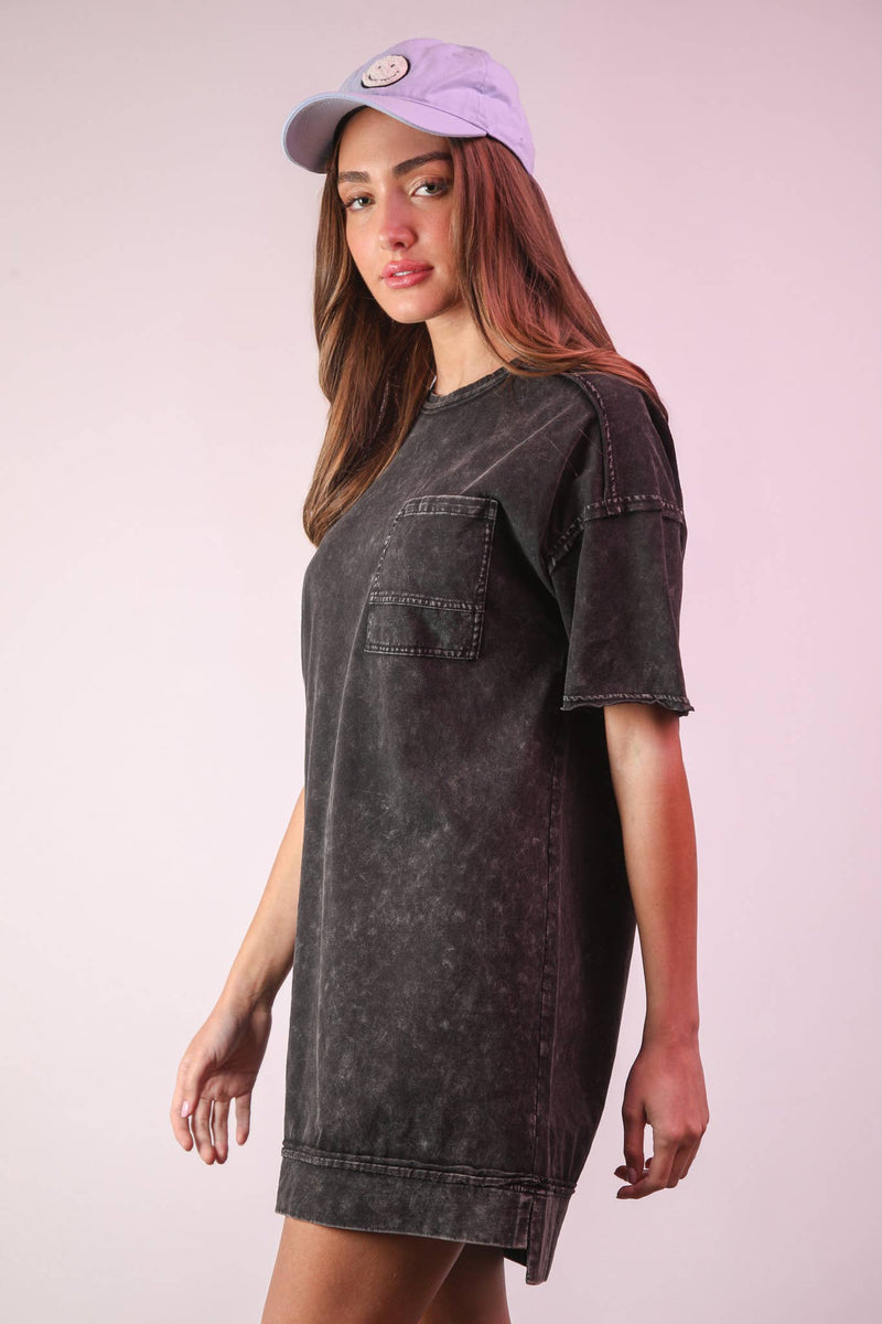 VERY J - ND31634-Mineral Washed Knit Oversized Shift Mini Dress: BLUE / S-M-L/2-2-2