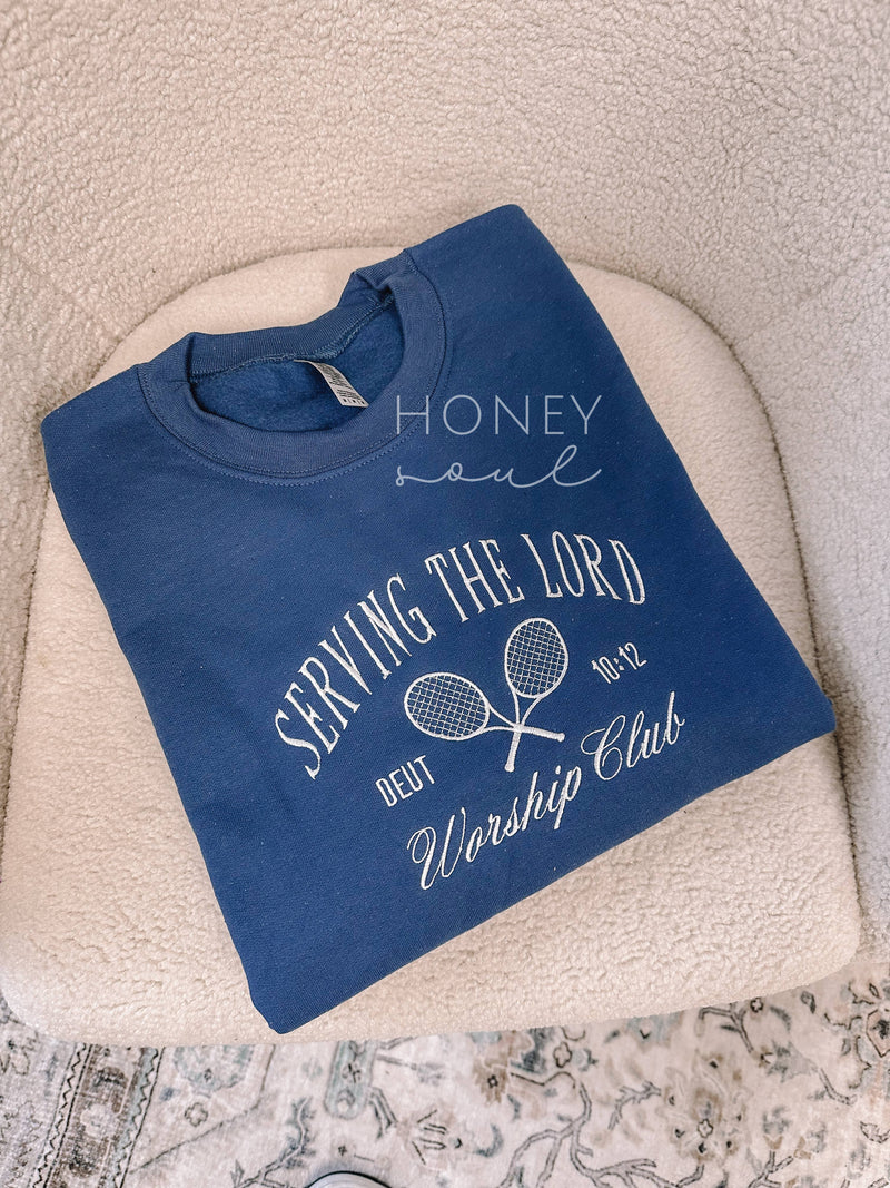 Honey Soul LLC - Embroidered Serving The Lord Sweatshirt: Indigo / Xlarge