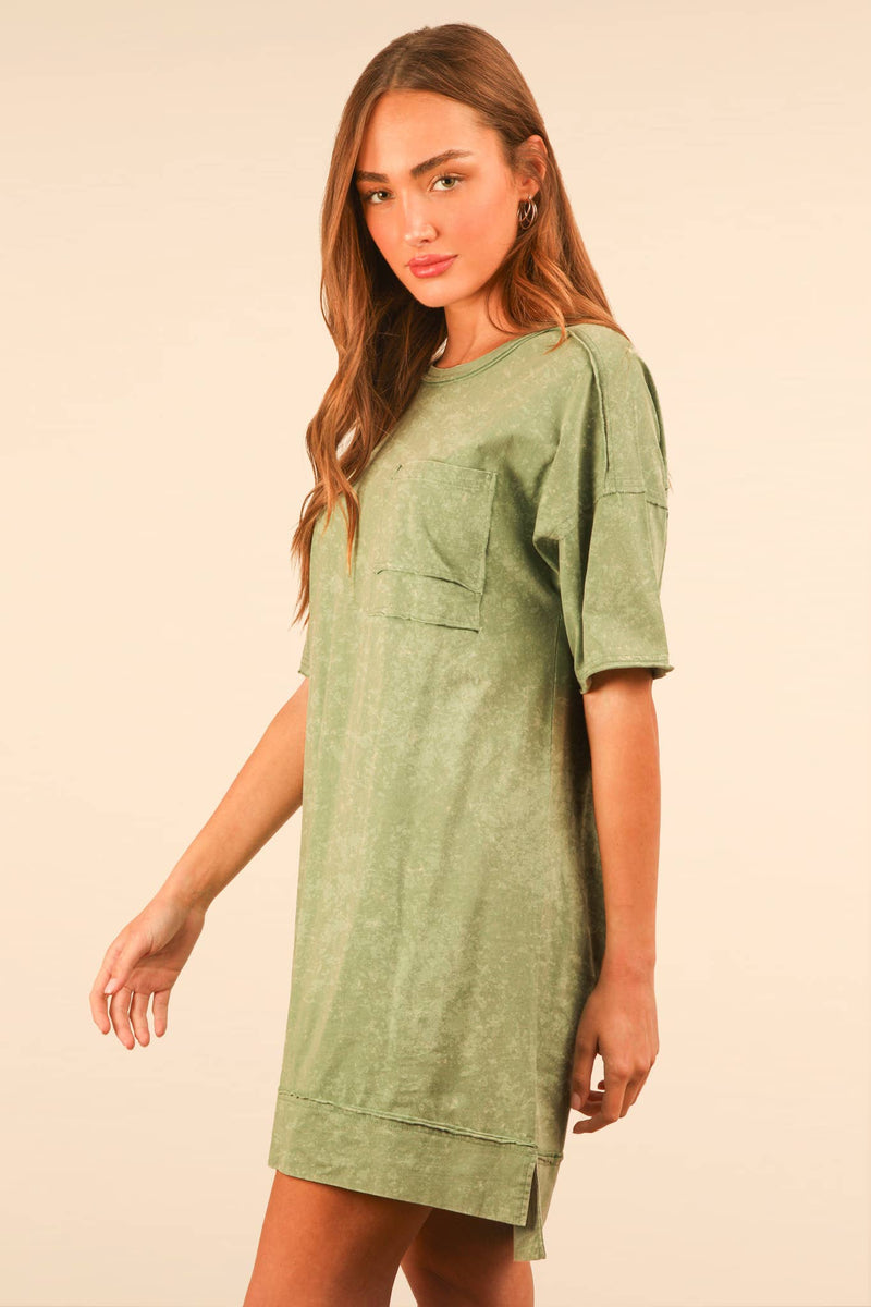 VERY J - ND31634-Mineral Washed Knit Oversized Shift Mini Dress: BLUE / S-M-L/2-2-2