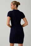 Sunday Edition by LE LIS - COLLAR SCALLOP DETAIL CABLE KNIT SWEATER MIDI DRESS: NAVY / S