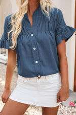 Little Daisy Closet -  LDC Solid Color Ruffle Ruched Short Sleeve Buttoned Shirt: Real Teal / S