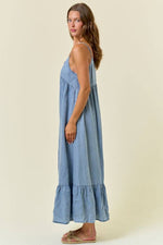 Tencel Chambray Tiered Ruffled Skirt Midi Dress