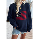 Knit Round Neck Flag Print Loose Fit Sweater: NAVY