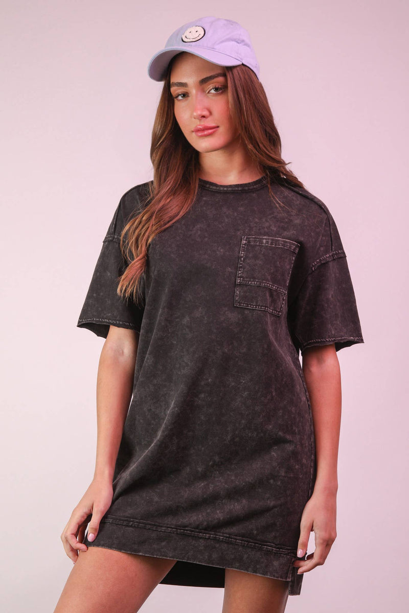 VERY J - ND31634-Mineral Washed Knit Oversized Shift Mini Dress: BLUE / S-M-L/2-2-2