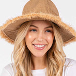 FRAYED BAND AND TRIM STRAW SUN HAT