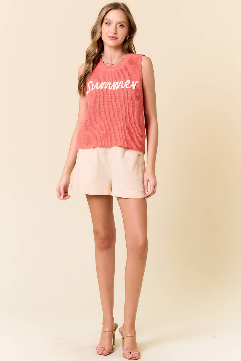Doe and Rae - ROUND NECK SUMMER SWEATER TANK TOP - 44943T-1: CORAL / S