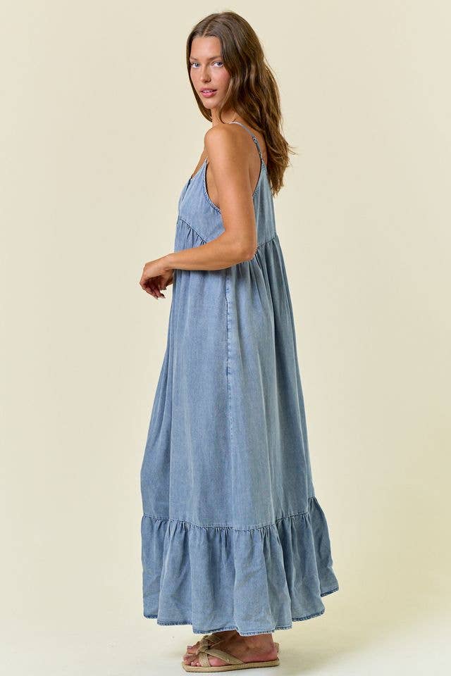 Tencel Chambray Tiered Ruffled Skirt Midi Dress