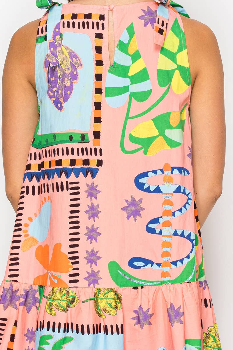 Coral Retro Tropical Print Cotton Mini Dress