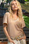 Pol Clothing - Colored trim v-neck short sleeve solid basic knit top: PALE SAGE / S