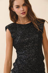 Sequin Scoop Back Structured Shoulders Dress: Black / S