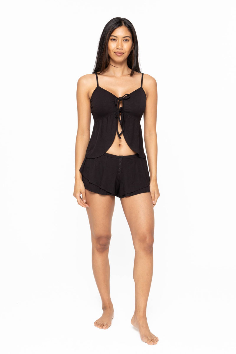 Mono B - Bamboo Blend Double Ruffle Shorts: Black / S:M:L (2:2:2)