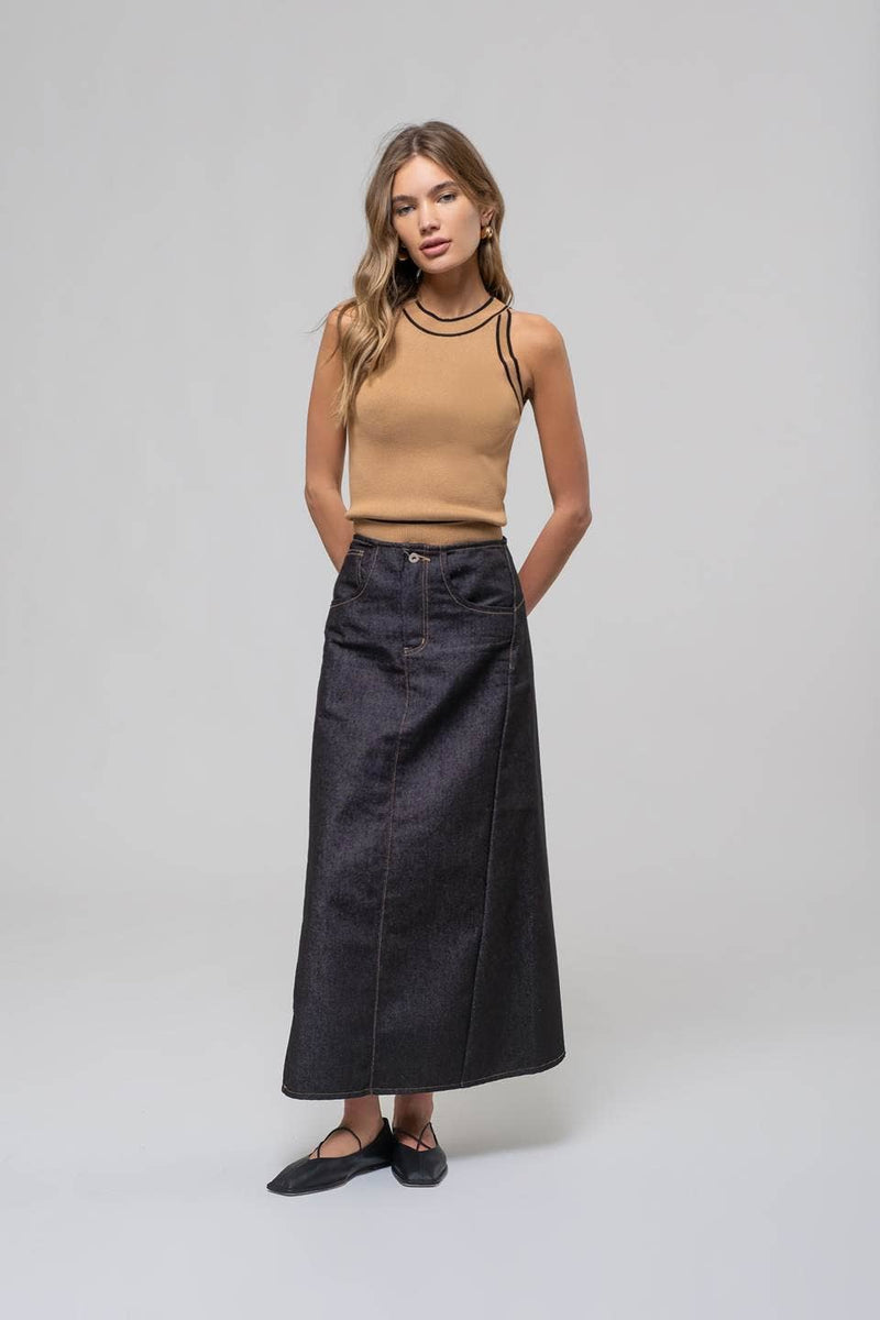 The Workshop Studio - CONTRAST STRIPE SWEATER KNIT HALTER TOP: BLACK