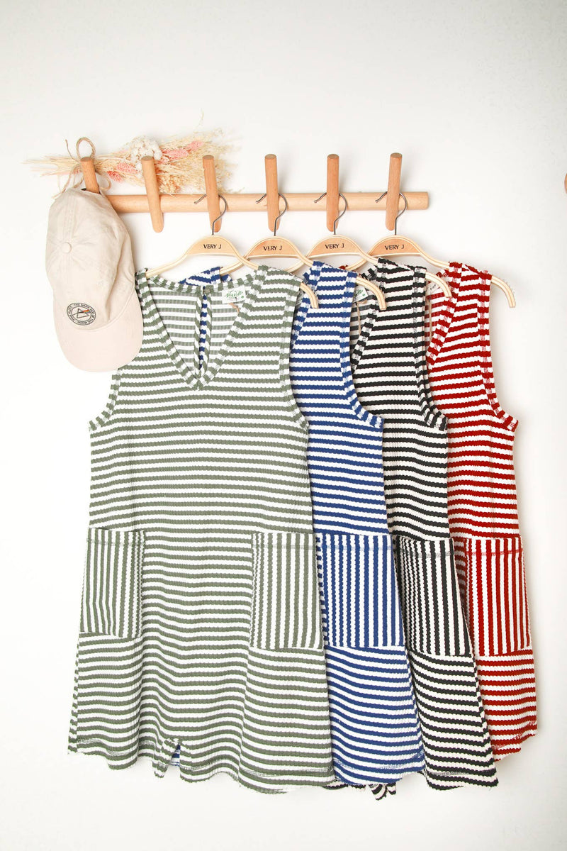 VERY J - NP70744-Striped Knit Casual Comfy Romper: DENIM / S-M-L/2-2-2