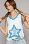 Pol Clothing - V-neck sleeveless color block front crochet star solid top: BASIL/DEEP TEAL / S