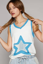 Pol Clothing - V-neck sleeveless color block front crochet star solid top: BASIL/DEEP TEAL / S
