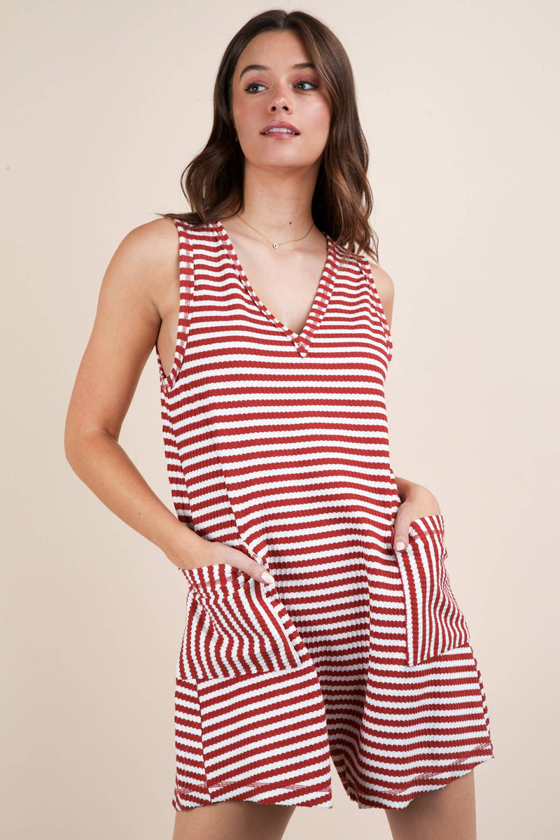 VERY J - NP70744-Striped Knit Casual Comfy Romper: DENIM / S-M-L/2-2-2