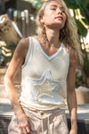 Pol Clothing - V-neck sleeveless color block front crochet star solid top: BASIL/DEEP TEAL / S