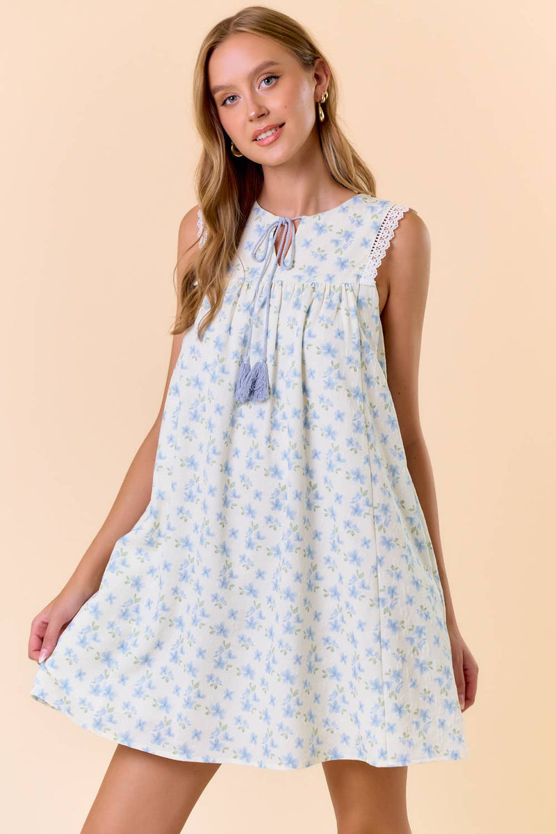 Floral Tie Front Lace Ruffled Sleeveless Mini Dress