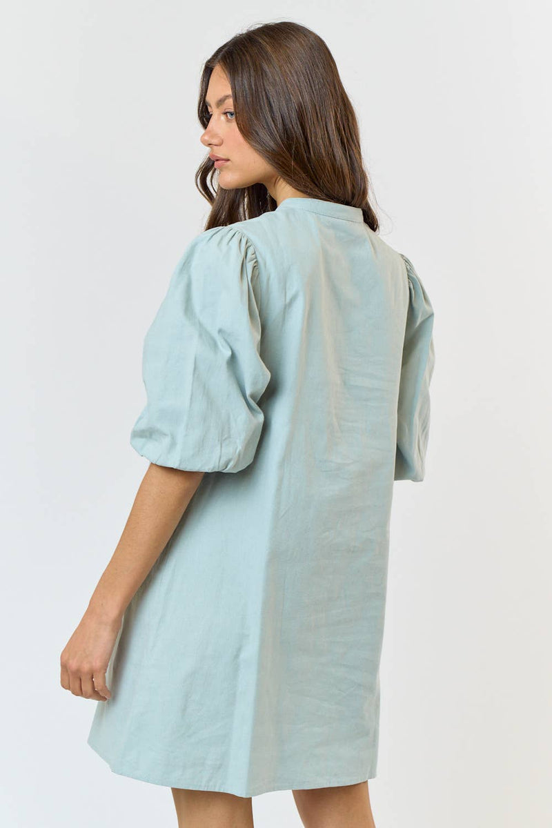 LINEN FRONT BOW DETAIL PUFF SLEEVE MINI DRESS