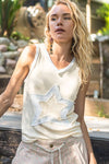 Pol Clothing - V-neck sleeveless color block front crochet star solid top: BASIL/DEEP TEAL / S
