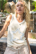 Pol Clothing - V-neck sleeveless color block front crochet star solid top: BASIL/DEEP TEAL / S