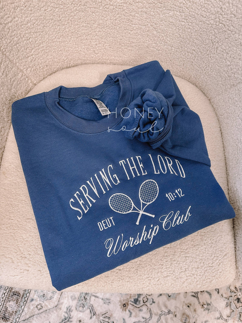 Honey Soul LLC - Embroidered Serving The Lord Sweatshirt: Indigo / Xlarge