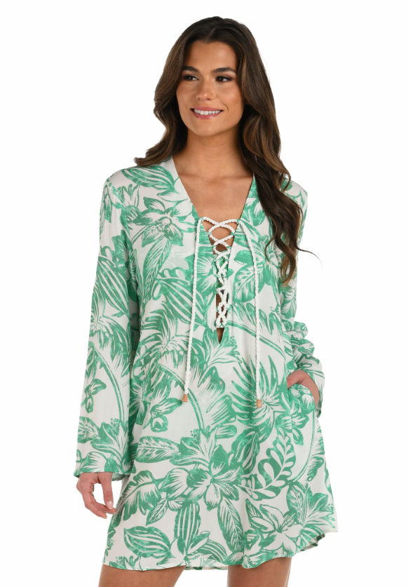 La Blanca Batiki Balinese Lace Up V-Neck Tunic Cover Up
