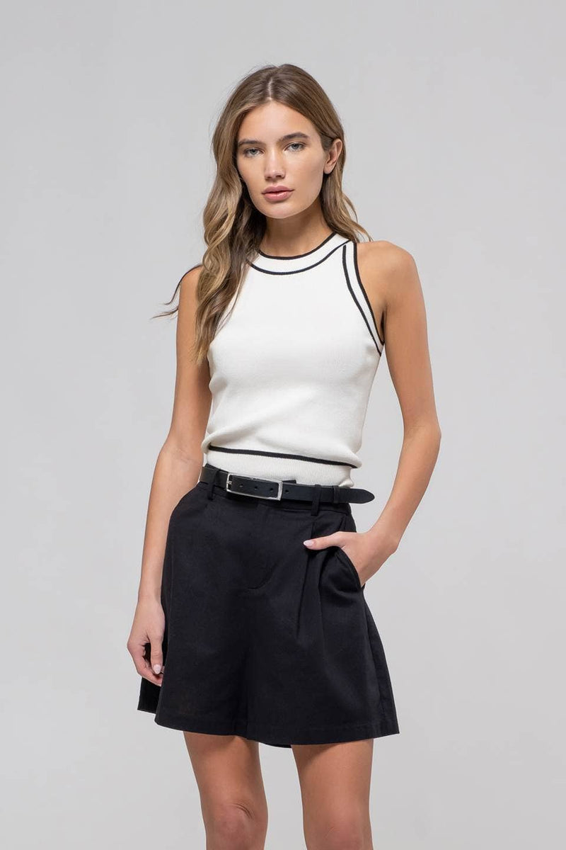 The Workshop Studio - CONTRAST STRIPE SWEATER KNIT HALTER TOP: BLACK