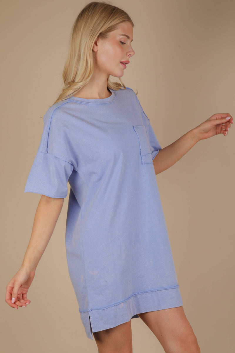VERY J - ND31634-Mineral Washed Knit Oversized Shift Mini Dress: BLUE / S-M-L/2-2-2