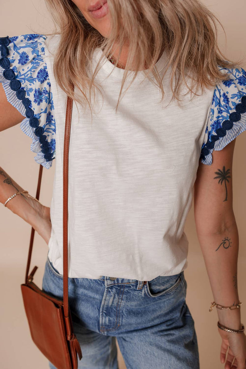 Little Daisy Closet - LDC Ricrac Trim Flutter Sleeve Contrast Patchwork Blouse: Blue / M