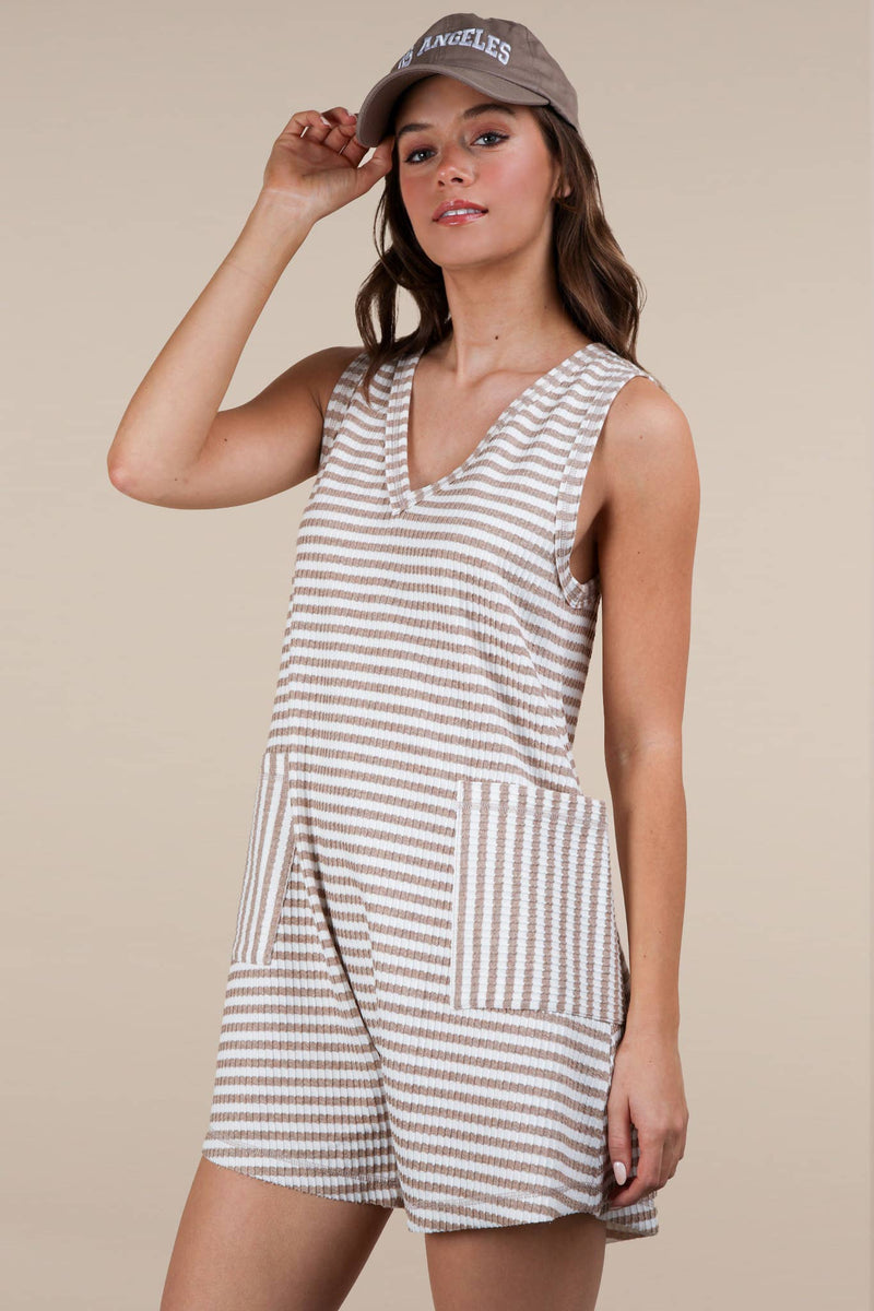 VERY J - NP70744-Striped Knit Casual Comfy Romper: DENIM / S-M-L/2-2-2