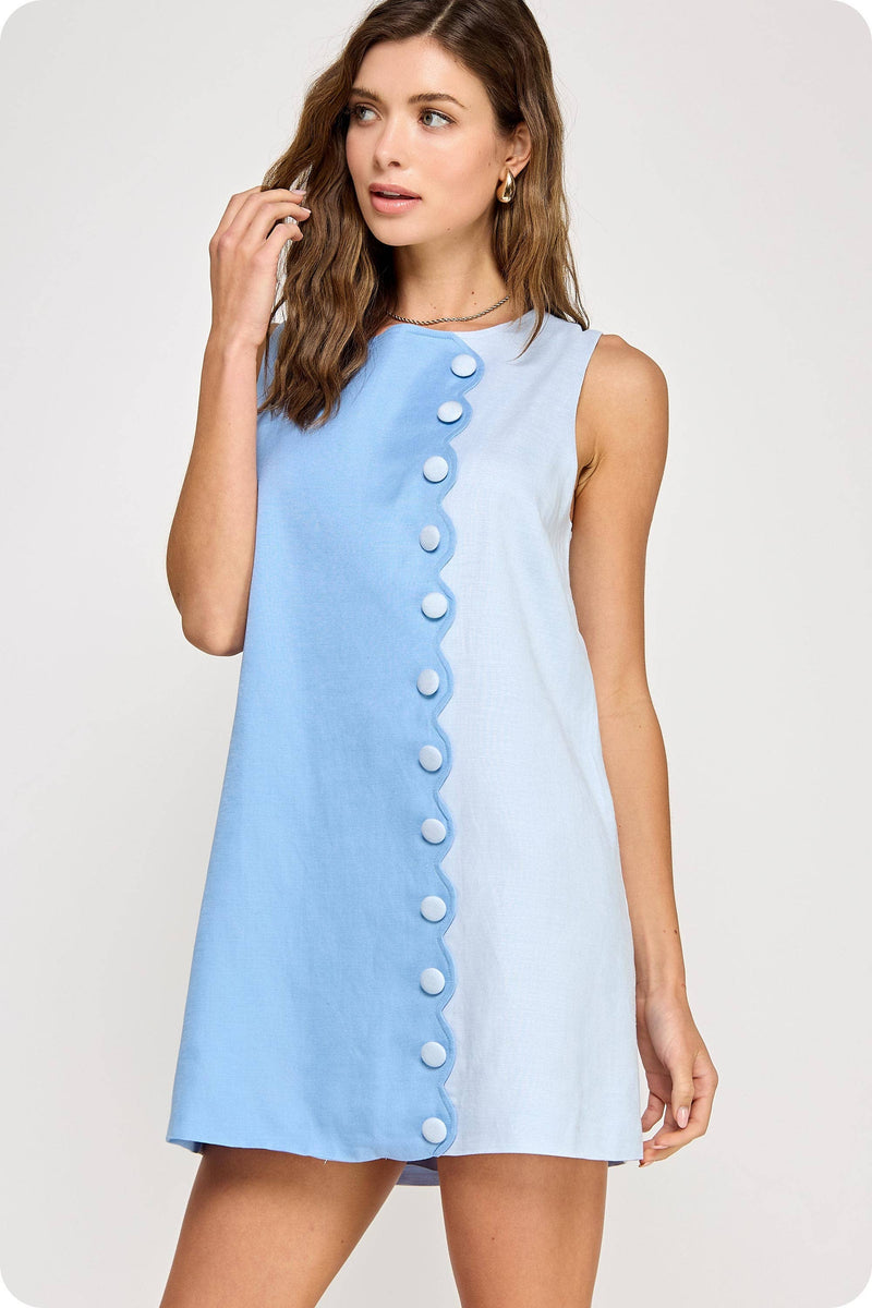 Scallop Color-Block Linen Mini Dress