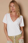 Pol Clothing - Colored trim v-neck short sleeve solid basic knit top: PALE SAGE / S