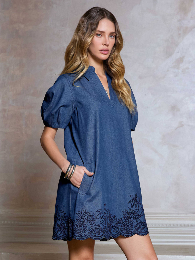 Denim Embroidered Shift Mini Dress Medium