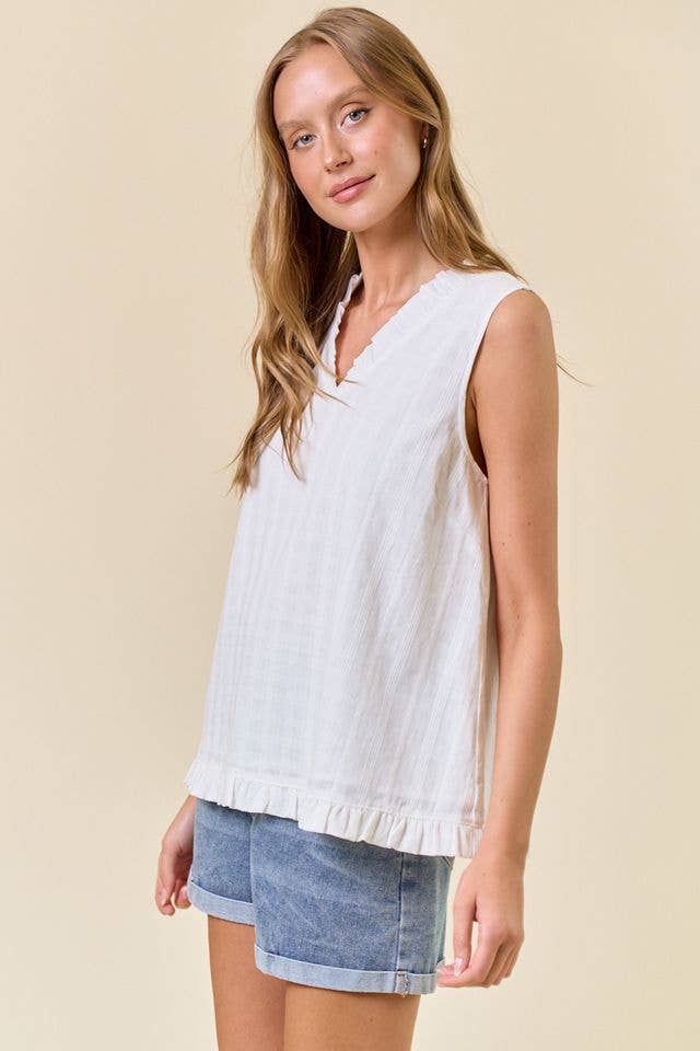 Rose Cotton Ruffle Textured Sleeveless Top