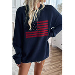 Knit Round Neck Flag Print Loose Fit Sweater: NAVY