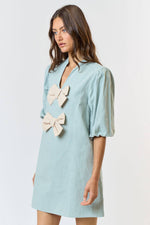 LINEN FRONT BOW DETAIL PUFF SLEEVE MINI DRESS