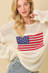 Main Strip - 4th of July Boat Neck Crochet Sweater Knit Top: IVORY / S