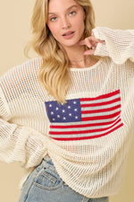 Main Strip - 4th of July Boat Neck Crochet Sweater Knit Top: IVORY / S