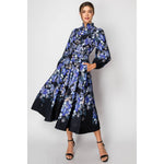 Caroline Long Sleeve Floral Print Belted-Waist Midi Dress