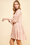DEEP V-NECK TIERED MINI DRESS - DUSTY PINK