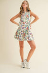 TCEC - CD05942-Floral Print Zip Up Collar Sporty Mini Dress: MULTI / S