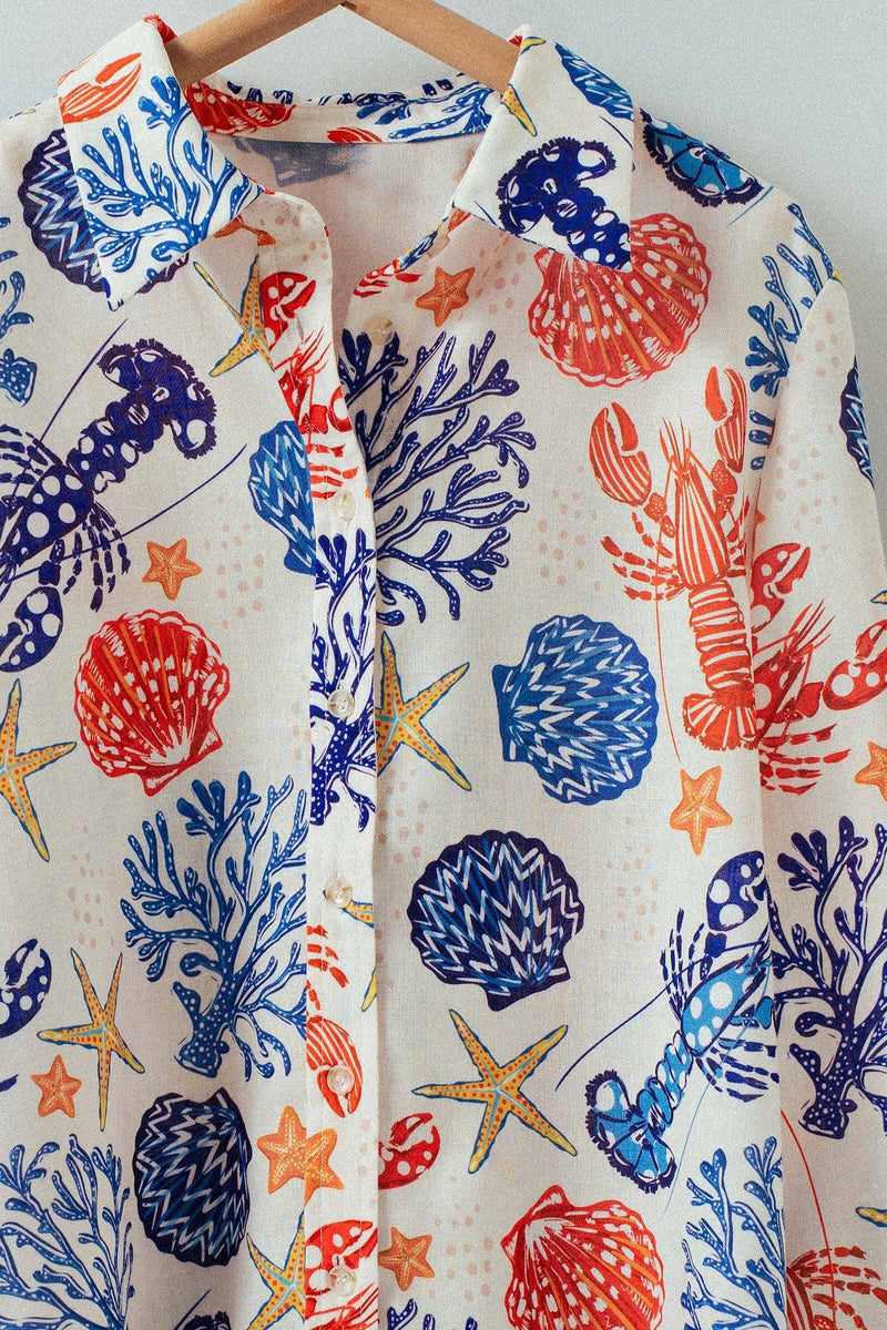 Urban Daizy - Ocean Shell & Lobster Print Relaxed Summer Shirt: MULTI / S-2/M-2/L-2