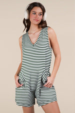 VERY J - NP70744-Striped Knit Casual Comfy Romper: DENIM / S-M-L/2-2-2