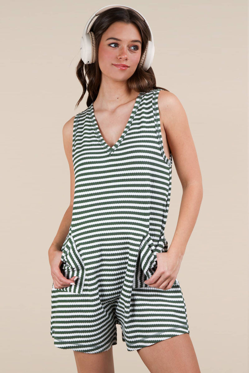 VERY J - NP70744-Striped Knit Casual Comfy Romper: DENIM / S-M-L/2-2-2