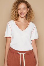 Pol Clothing - Colored trim v-neck short sleeve solid basic knit top: PALE SAGE / S